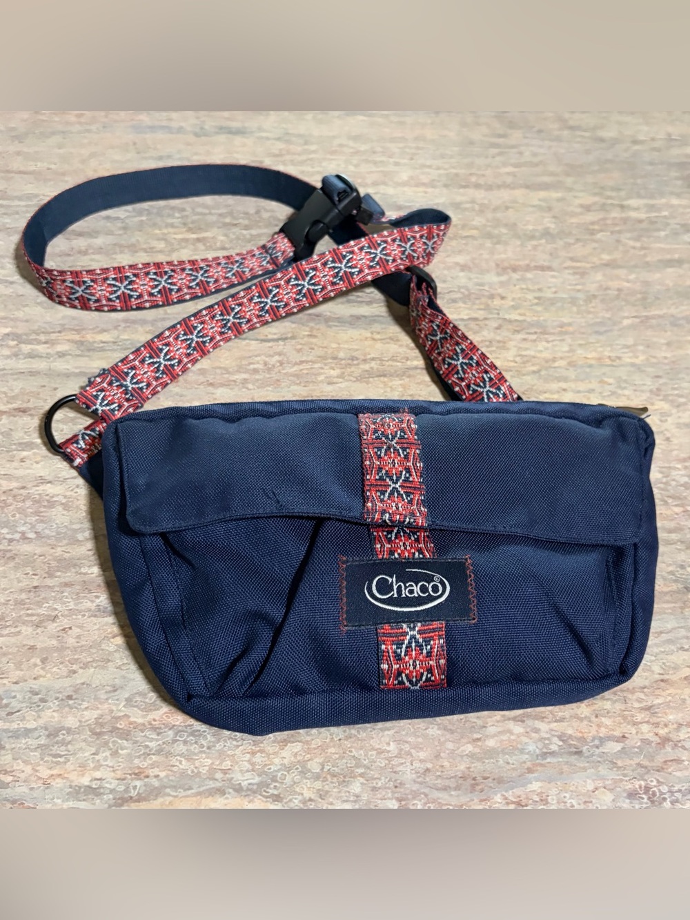 Chaco Navy Waist Pack with Red Patterned Strap